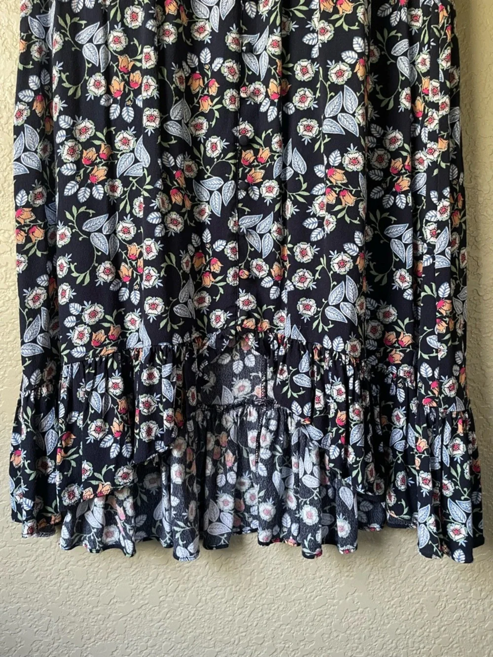 LOFT Petites Womens Medium MP Navy Floral Ruffle Hem Midi Rayon Skirt Modest